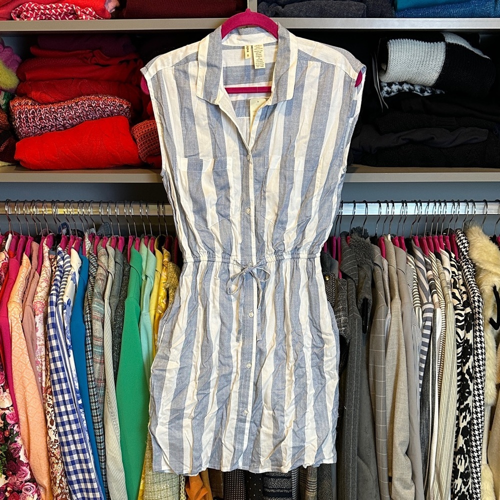Japna blue/white striped sleeveless 4 pocket elastic waistband dress size S NWT